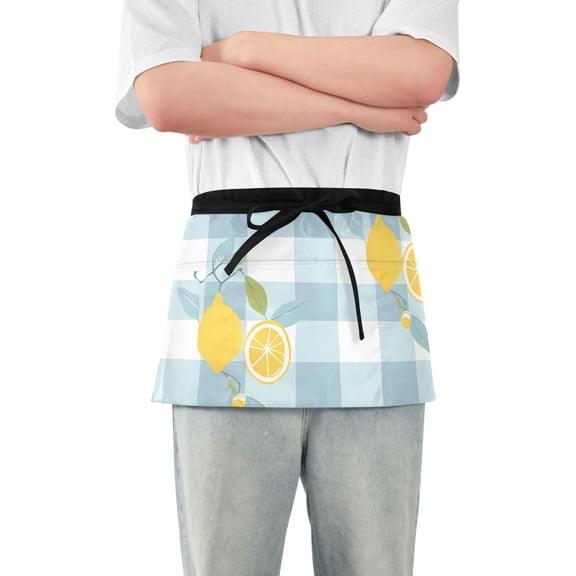Lemon Leaves Blue-white Plaid Short Server Apron with 3 Pockets for Unisex Chef Gardening