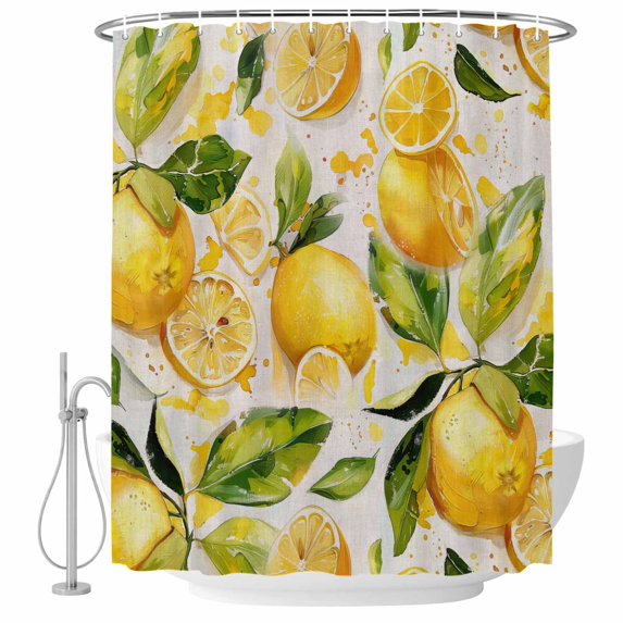Lemon Leaves Fabric Shower Curtain Yellow Green Washable Shower Curtains for Bathroom, Waterproof Bath Curtain with Hooks Home Decor 72x72in