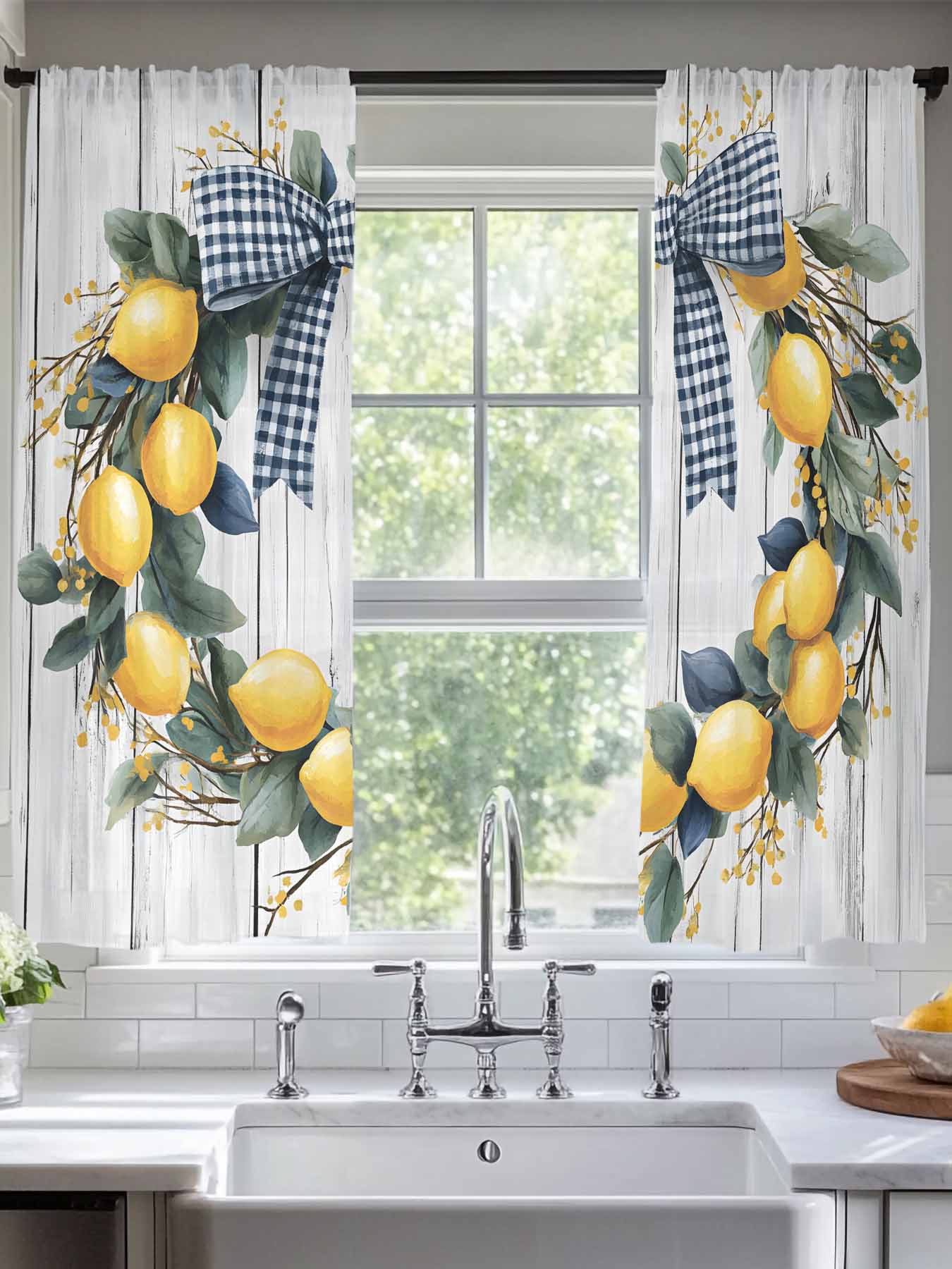 Lemon Leaves Garland Sheer Curtains for Living Room Bedroom Farmhouse ...