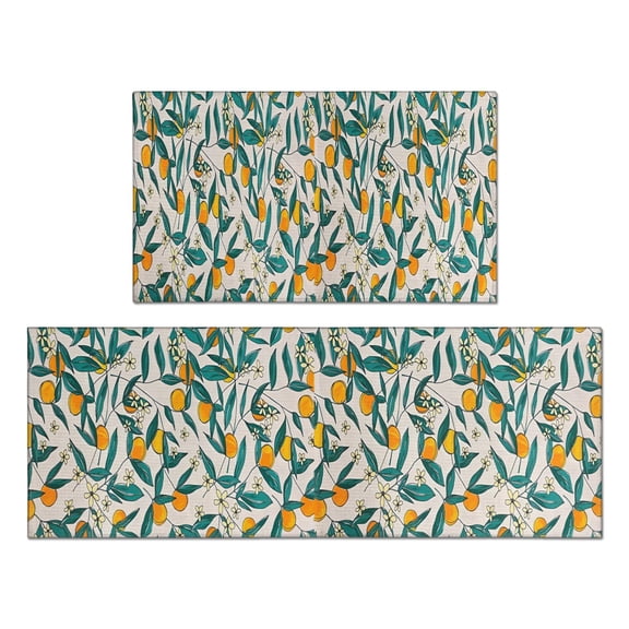 Lemon Leaves Rugs and Mats Non Skid Washable Absorbent Microfiber Soft Kitchen Mat for Floor Set Of 2 Decor Stain Resistant 17"x47"+17"x30"