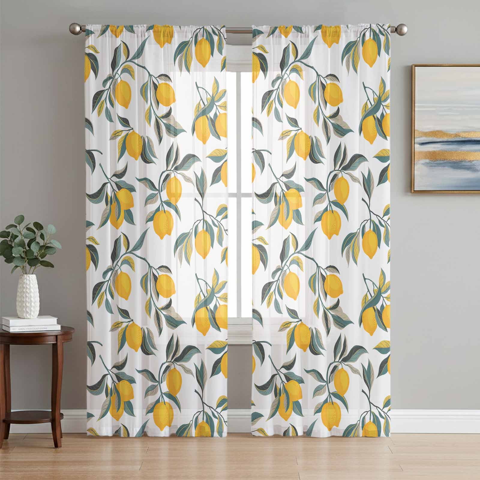 Lemon Leaves Semi Sheer Curtains 108 Inch Length 2 Panels Set, Summer ...