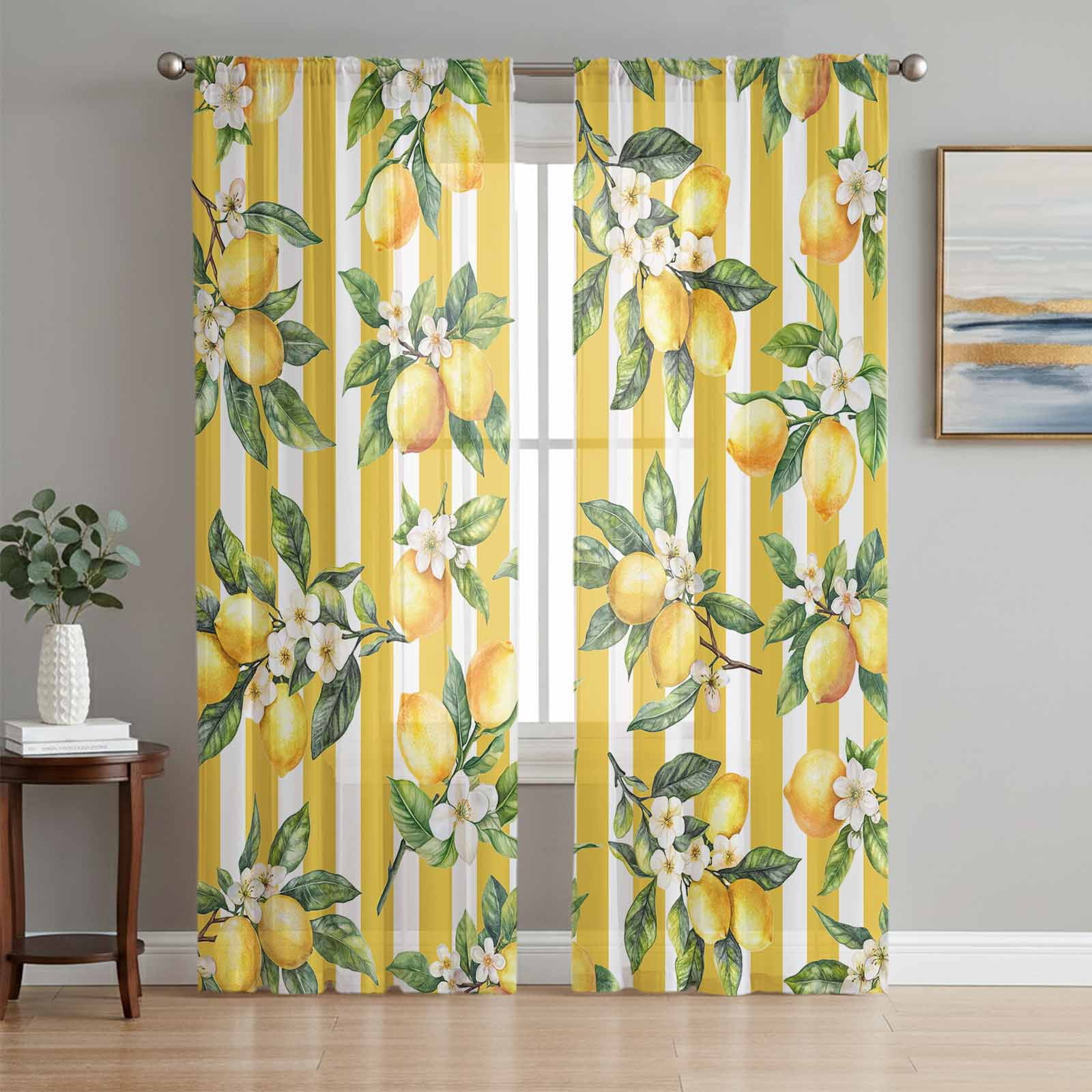 Lemon Leaves Sheer Curtains 63 Inch Length 2 Panels Set, Yellow ...
