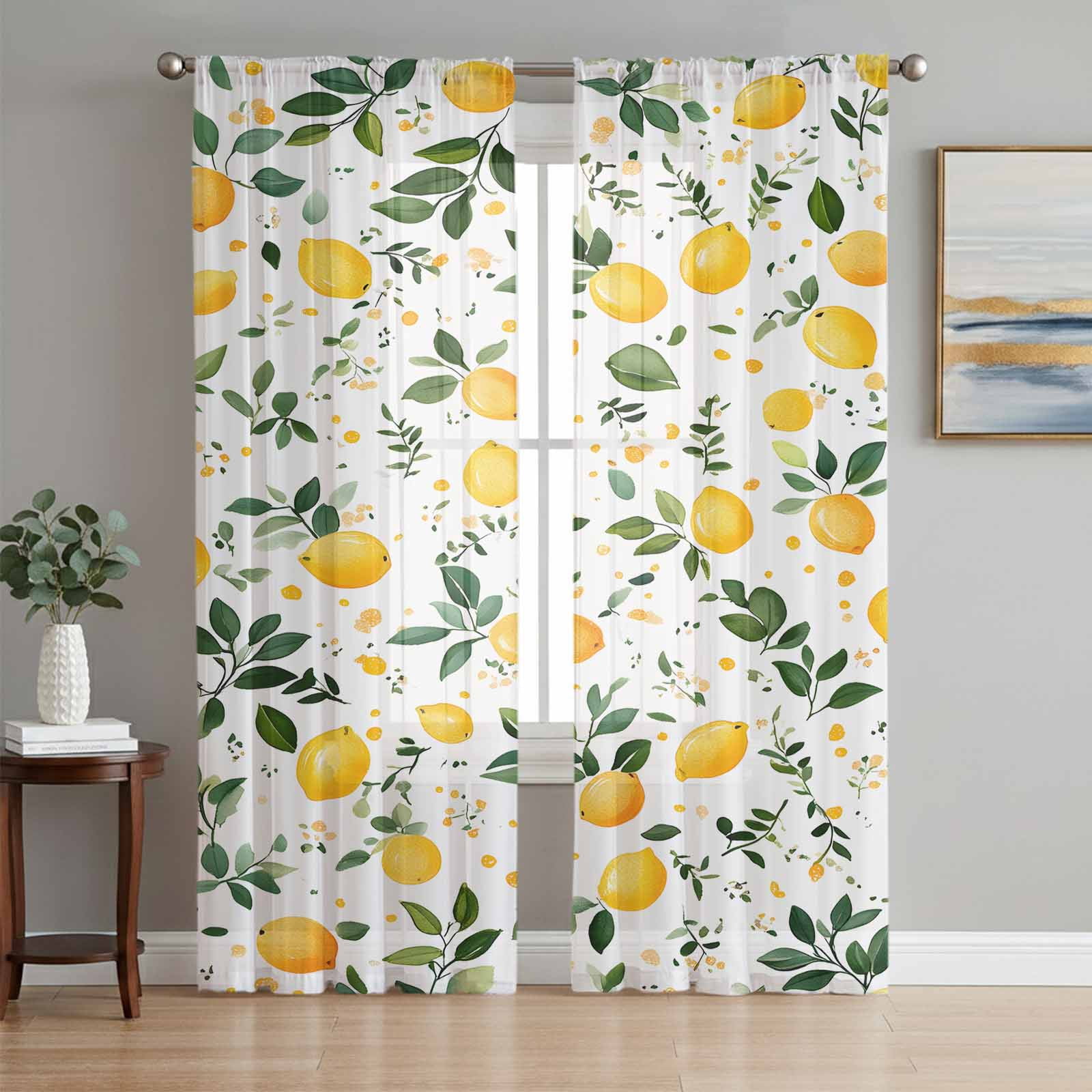 Lemon Leaves Sheer Curtains 84 Inch Length 2 Panels Set, Summer Fruit ...