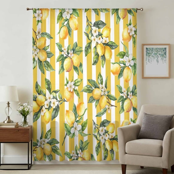Lemon Leaves Sheer Curtains 96 Inches Long, Yellow Vertical Stripes Spring Flowers Light Filering Curtains, Privacy Drapes Simi Floor to Veiling Curtain for Living Room Bedroom Large Window Treatment