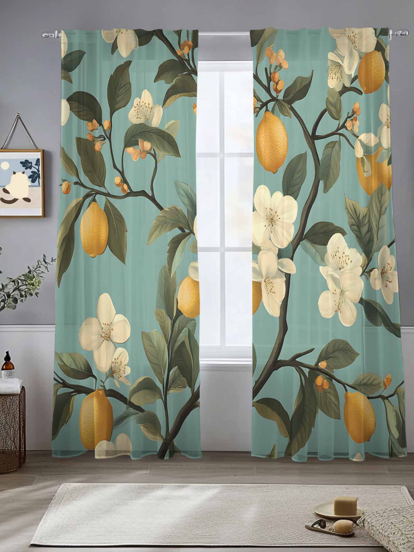 Lemon Leaves Sheer Curtains for Living Room Bedroom Summer Fruit Branch ...