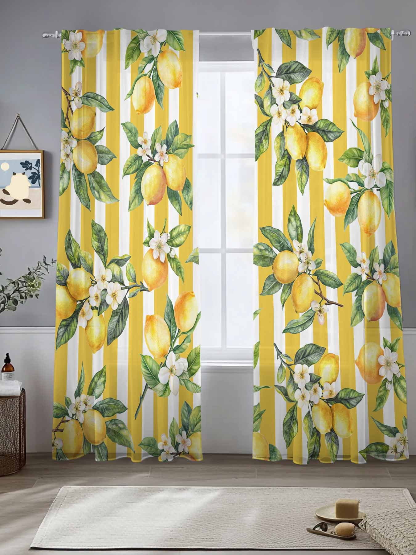 Lemon Leaves Sheer Curtains for Living Room Bedroom Yellow Vertical ...