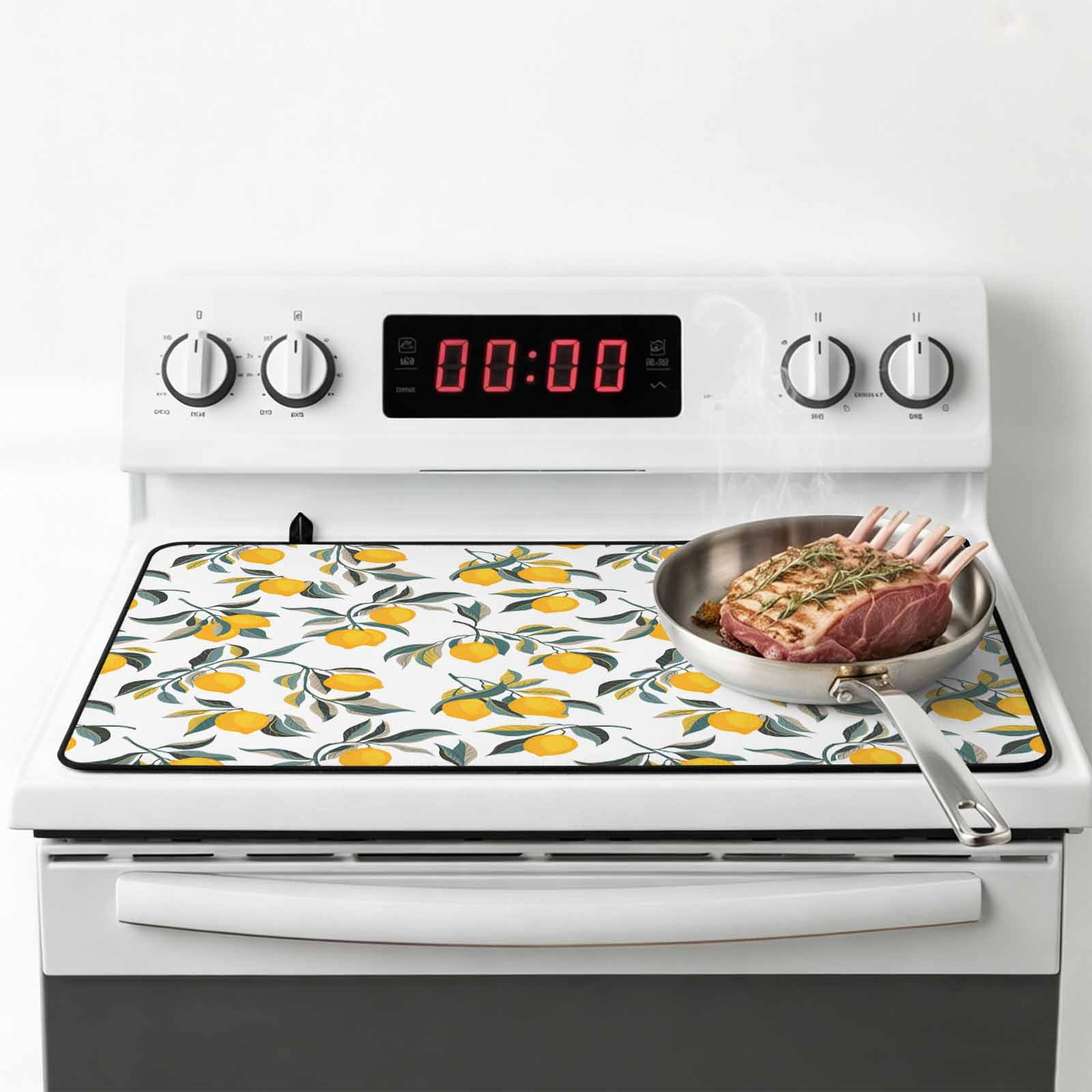 Lemon Leaves Stove Top Cover for Electric Stove, Heat-proof & Non Slip Glass Top Stove Cover Protector, Summer Botanical Kitchen Flat Cooktop Rubber Mat 24x21 Inches