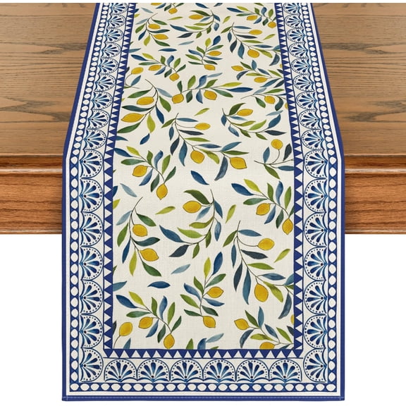 Lemon Leaves Summer Table Runner, Seasonal Spring Kitchen Dining Table Decoration for Home Party Decor 13x72 Inch
