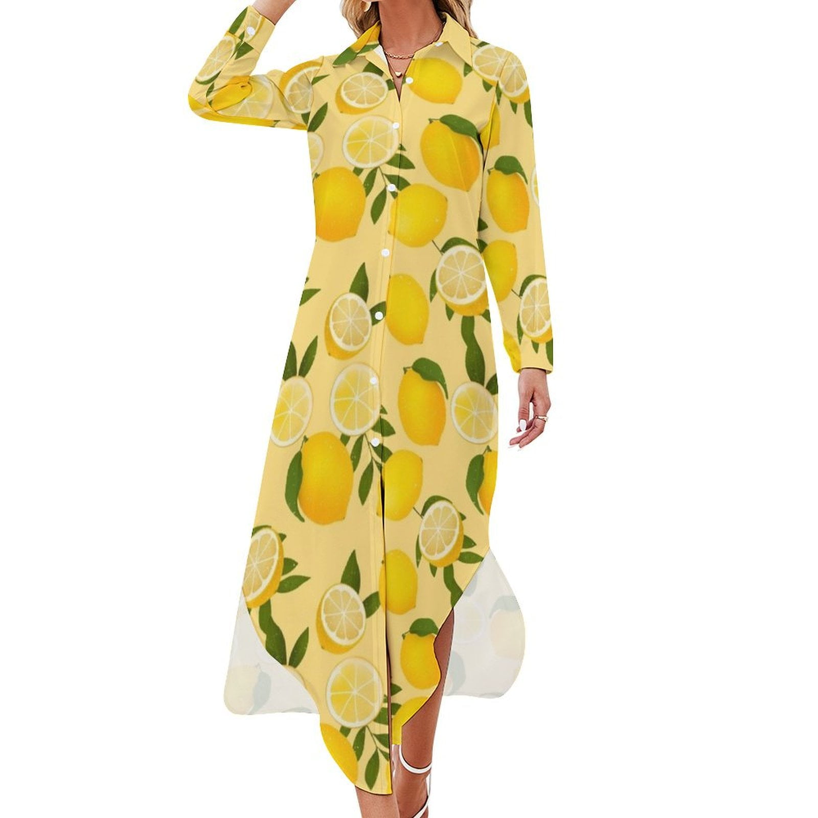 Lemon-Lemon Long Sleeved Shirt Dress Aesthetic clothing dresses summer  summer dresses ladies cute dress - Walmart.com
