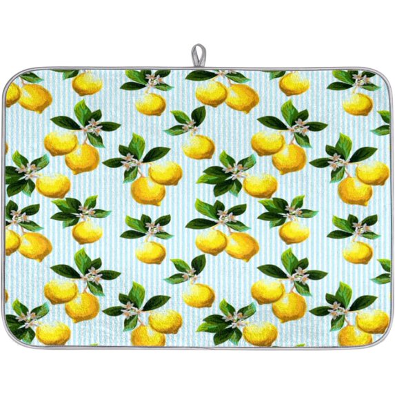 Lemon Lemons Dish Drying Mat for Kitchen Counter, Absorbent Reversible Microfiber Dishes Pad Reusable Washable Dish Drainer Rack Mats, 16 Inch x 18 Inch