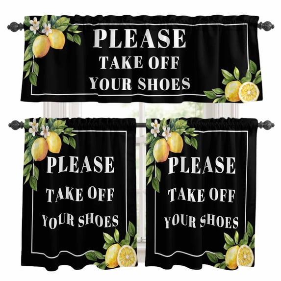 Lemon Letter Kitchen Curtains Sets for Windows 24 Inch Length, Summer Botanical Fruit Leaves Black Rod Pocket Window Treatments Tier Curtains and Valances Set for Bedroom/Bathroom