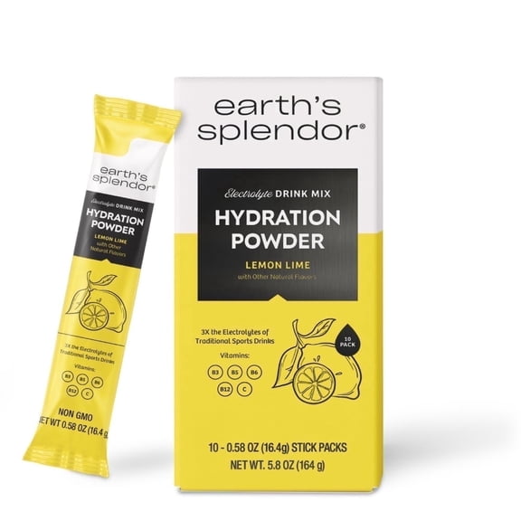 Earth's Splendor Hydration Powder, Lemon Lime | 10 Pack | Single Serving Electrolyte Sticks