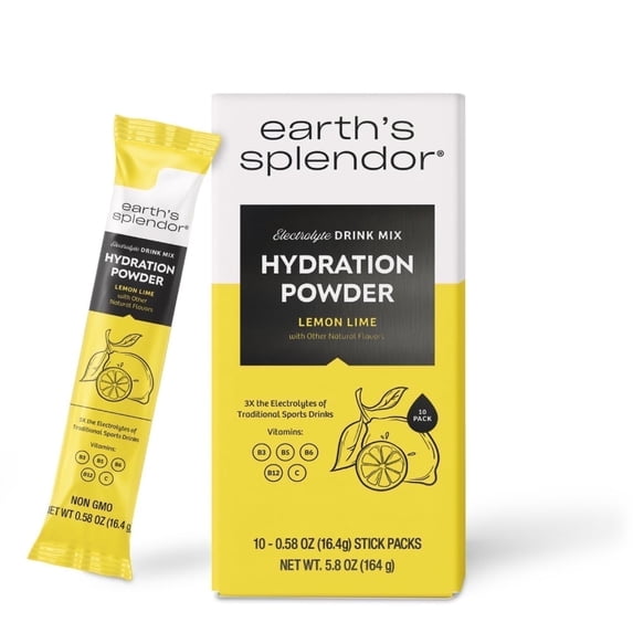 Earth's Splendor Hydration Powder, Lemon Lime | 10 Pack | Single Serving Electrolyte Sticks