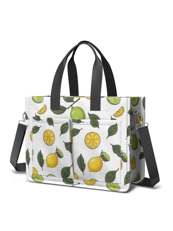 Lemon and Lime White Pattern Canvas Messenger Tote Bag, Nurse Handbag with Multi Pockets & Removable Strap, Large Capacity Gifts for Women Men Teacher Nurse