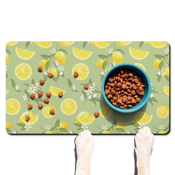 Lemon Lover Pet Food Mat - Absorbent Non-Slip Dog Bowl Mat with Floral Lemon Print, Durable and Easy to Clean