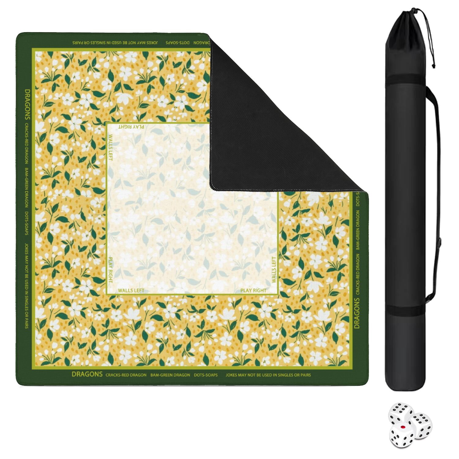 Lemon Mahjong Mat with Rules, 31.5*31.5in Anti Slip American Mahjong Mat for Table, Noise Reduction, Neoprene Mah jongg Mats with Carrying Bag & 3 Dices, Mahjong Supplies Gift, Board Tile Games Mats