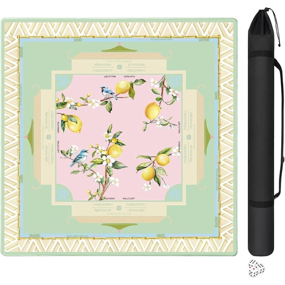 Lemon Mahjong Mat with Rules for Table-31.5''x31.5''Floral Bird American Mahjong Mat Anti-Slip Neoprene Rubber Noise Reducing,Foldable Travel Game Tablecloth for Poker Card Board Games Dominoes