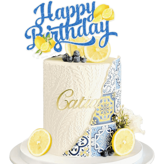 Lemon & Mediterranean Blue Tile Themed Birthday Cake - Fresh Summer Party Decor for Women's Celebrations