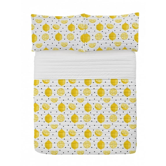 Lemon Microfiber Bedspread Set, Summer Pattern of Whole and Halved Citrus Fruit with Polka Dots, Soft Bedding Set with Pillow Shams & Comforter, 3 Sizes, Mustard Charcoal Grey, by Ambesonne