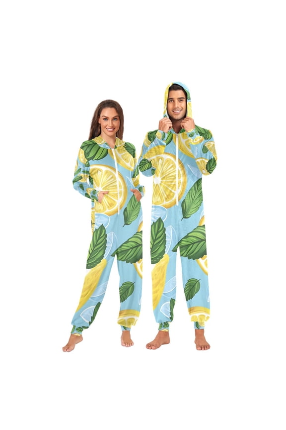 Lemon Mint Leaves Adult Onesie Pajamas Slim Fit Christmas One Piece Suit Pjs for Women and Men Hooded Zipper
