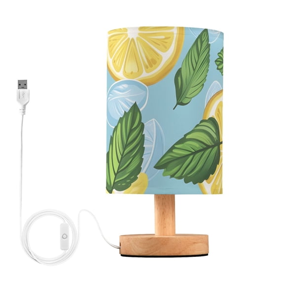 Lemon Mint Leaves Table Lamp USB Bedside Desk Nightstand Lamp Printed Gifts Small Lamp Wood Base for Bedroom Living Room Kids Room College Dorm