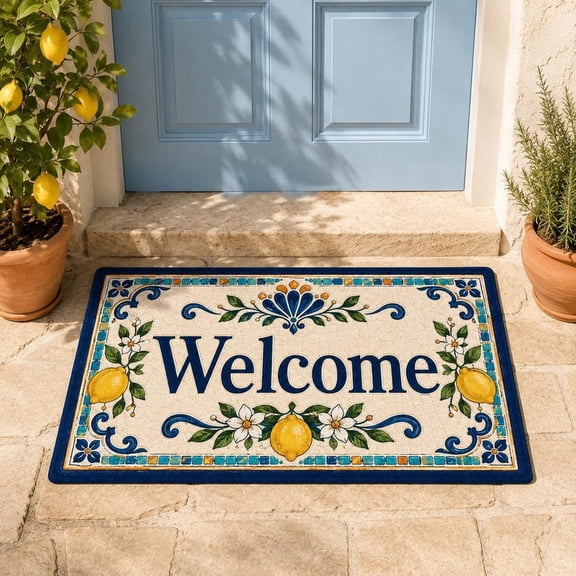 Lemon Mosaic Welcome Doormat, Mediterranean Amalfi Coast Design, Non-Slip Rubber Backing, Indoor Outdoor