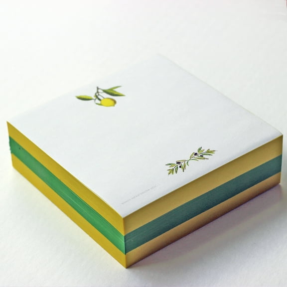 Lemon & Olive Branch Sticky Note Cube - 3 3/8" x 3 3/8" x 1" (86mm x 86mm x 25mm)
