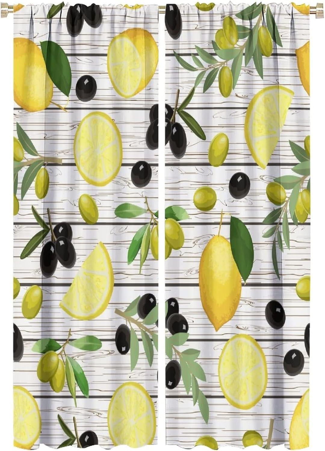 Lemon and Olive Shade Curtains, Yellow Lemon and Black Olive Branches On Wood Background, Bedroom Living Room Rod Pocket Design, 2 Sets of Panels, 42x63 Inches.