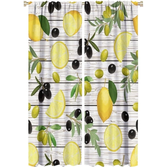 Lemon and Olive Shade Curtains, Yellow Lemon and Black Olive Branches On Wood Background, Bedroom Living Room Rod Pocket Design, 2 Sets of Panels, 52x84 Inches.