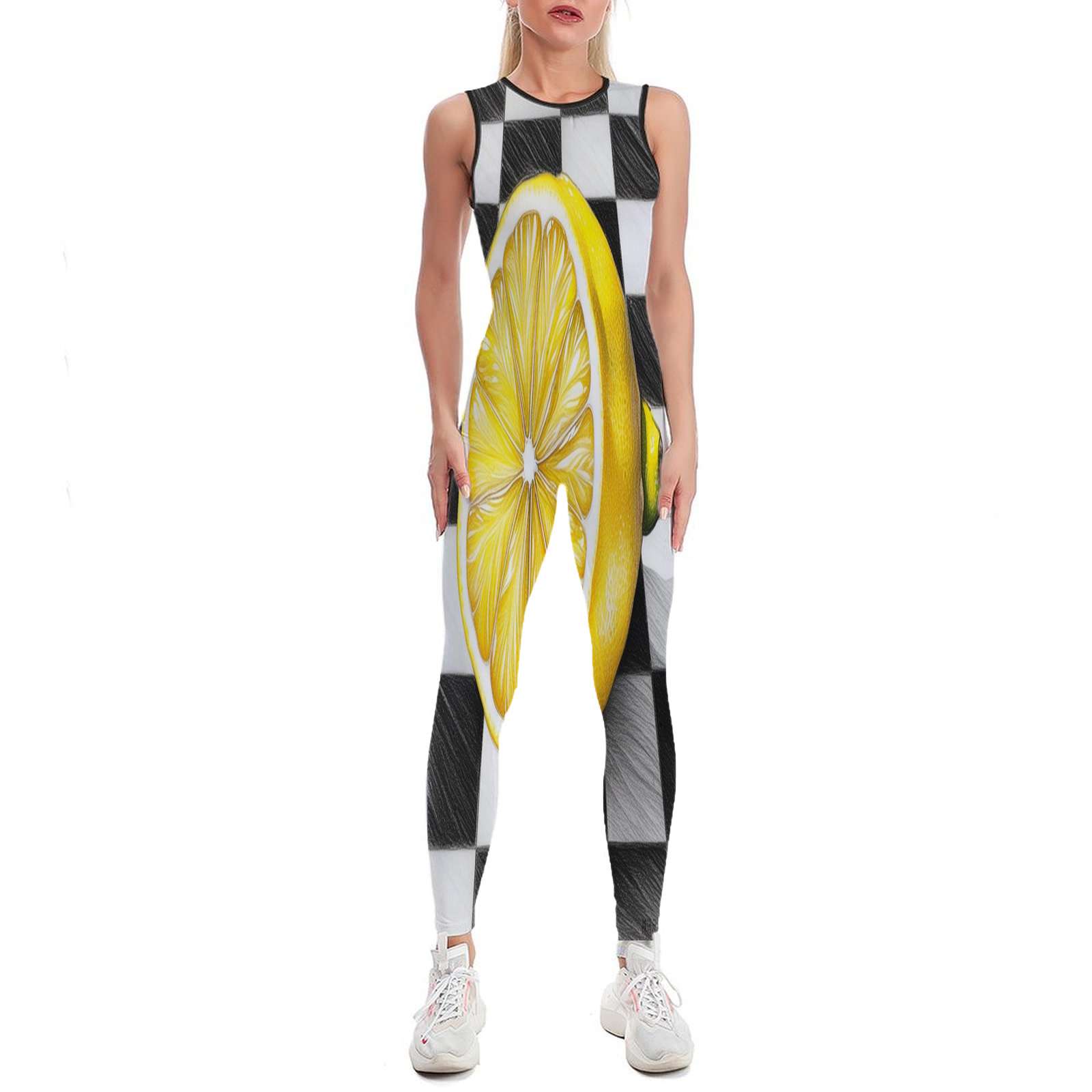 Lemon On Checkered Background Women's One Piece Yoga Jumpsuits Leggings ...