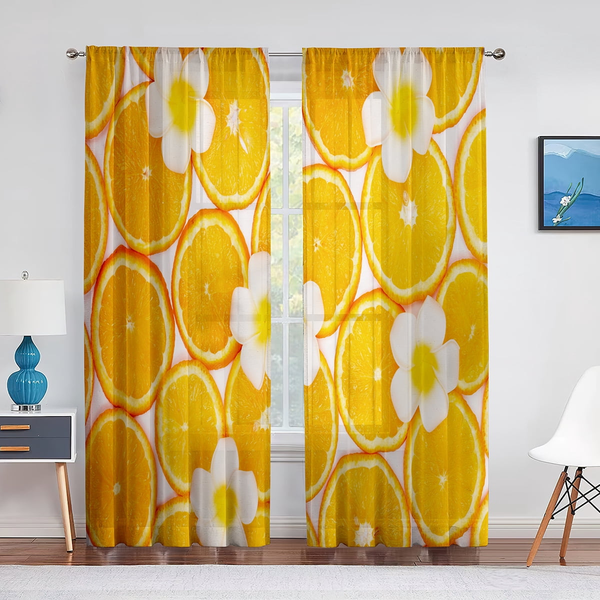 Lemon Orange Fruits Round Citrus Design Tulle Curtains for Living Room