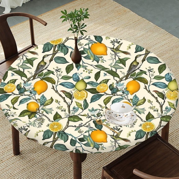 Lemon Orchard Round Tablecloth – Fitted Circle Table Cover with Elastic Edge, Waterproof & Washable Polyester Table Cloth for 43" to 54" Indoor/Outdoor Tables