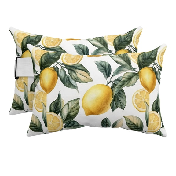 Lemon Outdoor Pillows for Chaise Lounge Chair Beach Headrest Pillow Set of 2 Waterproof Lumbar Pillows with Insert&Strap Summer Yellow Fruit Country Spring Leaf Plant Pillow for Patio Pool 12"x20"