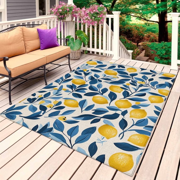 Lemon Outdoor Rug 4x6 Ft, Non Slip Washable Area Rug, Watercolor Yellow Blue Fruit Branch Flower Patio Rugs Carpet Runner, Large Floor Mat for Indoor/Outdoor Deck Porch Camping
