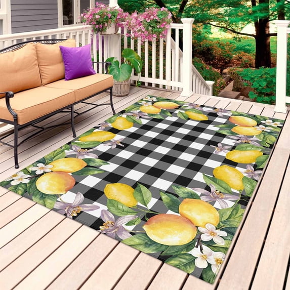 Lemon Outdoor Rug for Patio/Deck/Porch, Non-Slip Large Area Rug 3 x 5 Ft, Black Plaid Check Yellow Fruit Flower Floral Indoor Outdoor Rugs Washable Area Rugs, Reversible Camping Rug Carpet Runner