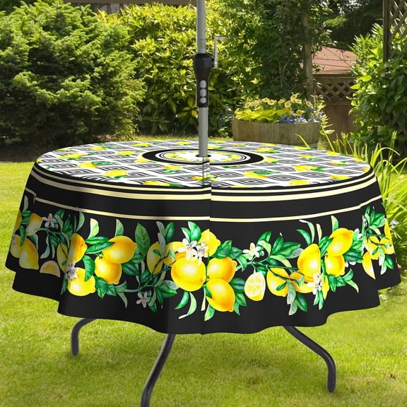 Lemon Outdoor Tablecloth with Umbrella Hole for Round Table, Waterproof Lemon Patio Table Cloth with Zipper - 60 x 60 inches