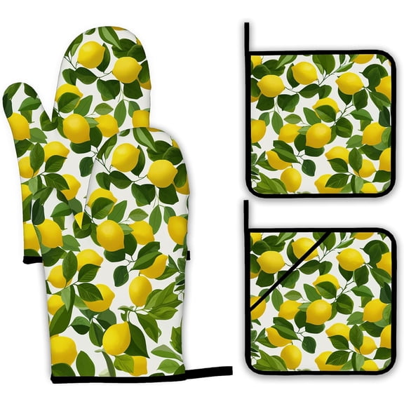 Lemon Oven Mitts and Pot Holders Set,Kitchen Decor Heat Resistant Non Slip Hot Pads and Oven Mitt for Chef Cooking Baking BBQ Mom Girl Gifts(4 Piece Set)