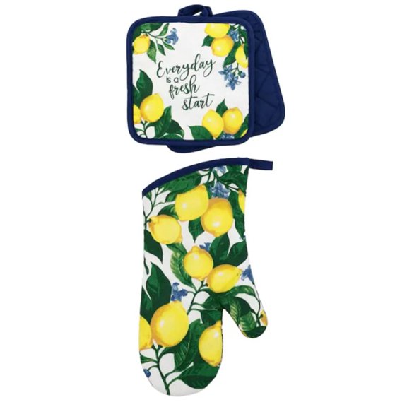 Lemon Oven Mitts and Pot Holders - Set of 3 Thick Cotton-Quilted Kitchen Essentials with Hanging Loops