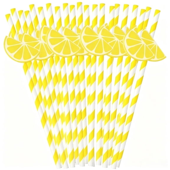 Lemon Paper Straws 40 Pcs Disposable Striped Patterned for Party 7.76 Inch