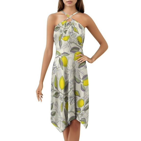 Lemon Pattern Dress Elegant Party Dresses Evening Dresses Women Dress Long Dresses Sleeveless Dress Ladies Dresses