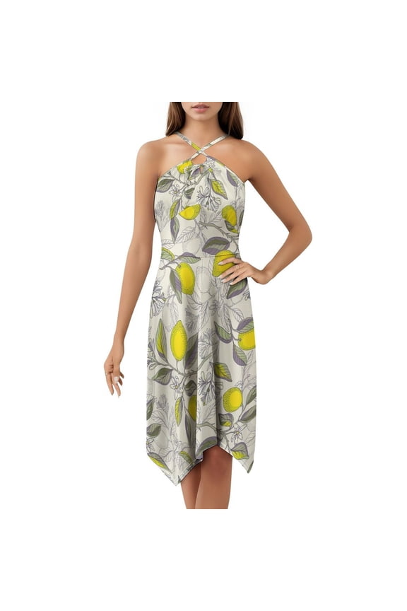 Lemon Pattern Dress Elegant Party Dresses Evening Dresses Women Dress Long Dresses Sleeveless Dress Ladies Dresses