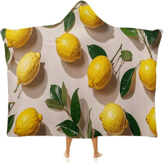 Lemon Pattern Hooded Blanket Soft Arctic Velvet Blanket Hoodie Wearable Blankets All Season Blankets for Bed