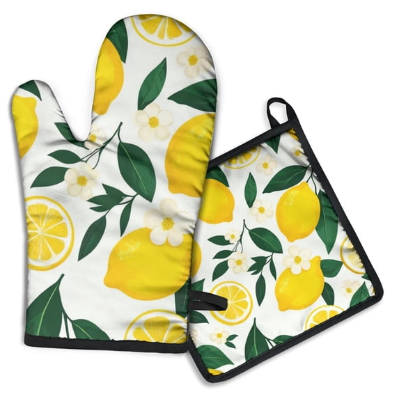 Lemon Pattern Kitchen Oven Mitt and Pot Holder Sets 2 Pcs for Baking, Cooking and Grilling, Heat Resistant Up To 392 °F