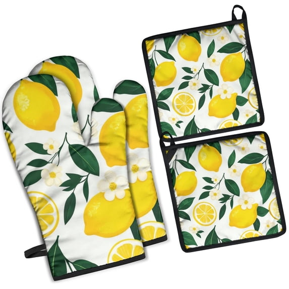 Lemon Pattern Kitchen Oven Mitt and Pot Holder Sets 4 Pcs for Baking, Cooking and Grilling, Heat Resistant Up To 392 °F