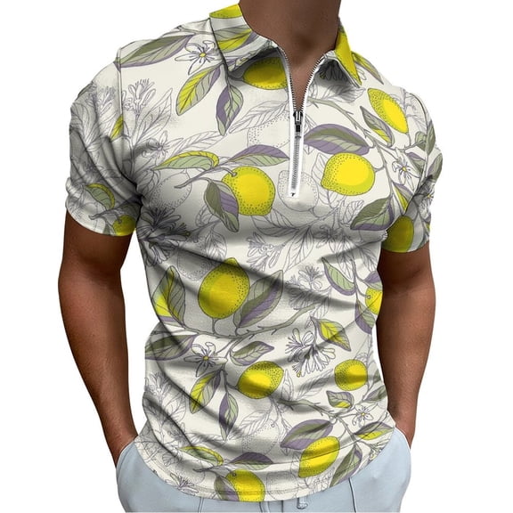 Lemon Pattern Men Zipper T-shirt Summer Casual Short Sleeve T-shirt Top