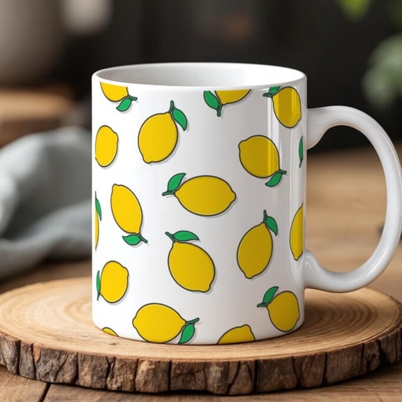 Lemon Pattern Mug Cute Yellow Citrus oz Ceramic Cup Summer Vibes, Kitchen Dr & Fruit Lover Gif.