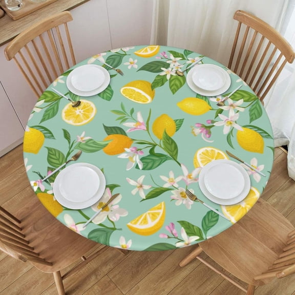 Lemon Pattern with Tropic Fruits Round Fitted Tablecloth with Elastic Edge Waterproof Oil Proof Table Cloth Wipe Clean Table Cover Fits 45"-52", Medium