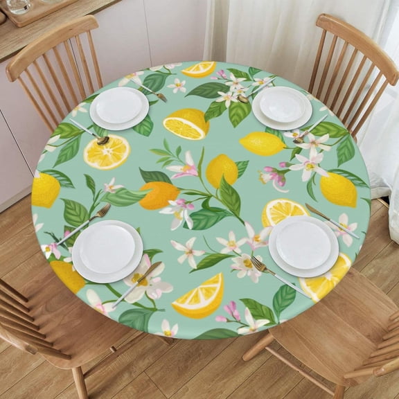 Lemon Pattern with Tropic Fruits Round Fitted Tablecloth, Waterproof Table Cover Tablecloth with Elastic Edge for Indoor and Outdoor Fits 36"-44", Small
