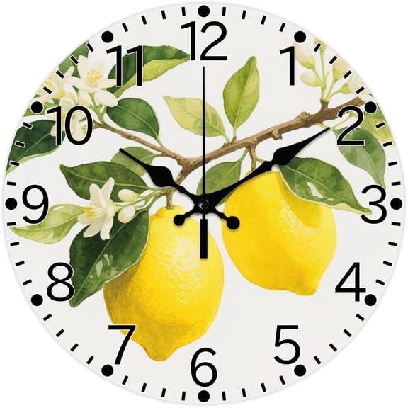 Lemon Pattern Wall Clock 12 Inch Non-Ticking Flower Plant Clocks Round Wall Hanging Clock Battery Operated for DIY Bedroom Living Room Kitchen Office