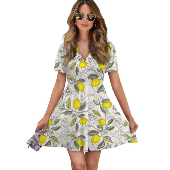 Lemon Pattern Women Dress V-Neck Short Sleeve Flowy Swing Party Midi Dress